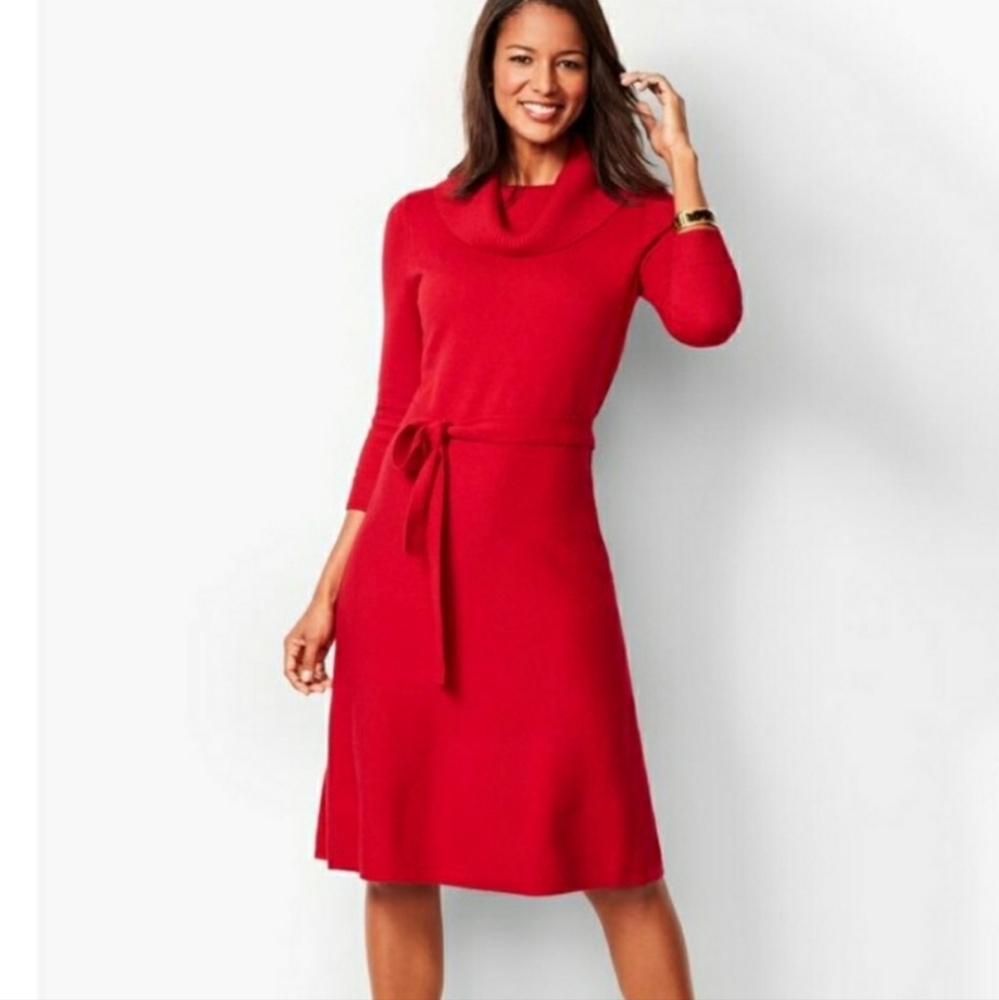 Talbots Tweed Cowlneck Fit & Flare Belted Sweater Dress - red
